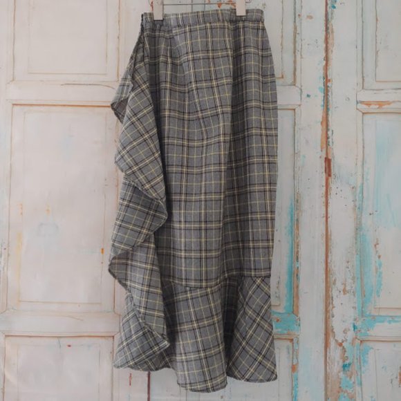 nwt SANS SOUCI cottage maxi plaid side ruffle skirt w zipper/size m/grey yellow - Picture 3 of 9